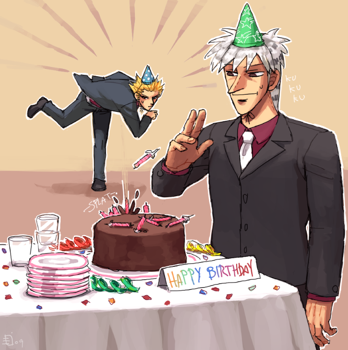 akagi_shigeru, birthday, cake, crossover, emlan, food, hat, one_outs