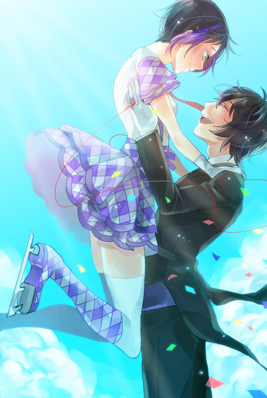 1boy, 1girl, black_hair, closed_eyes, couple, dress, green_eyes, hetero