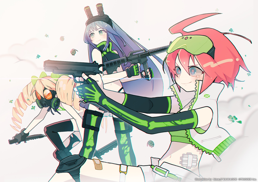 3girls, ahoge, assault_rifle, bandaid, bikini_top, blonde_hair, blue_hair, clover, drill_hair, ekimae, frag, gas_mask, gun, head_mounted_display, holding, holding_weapon, long_hair, luluco, m16, multiple_girls, muzzle_(trigger), official_art, redhead, rifle, shooting_glasses, short_shorts, shorts, spring_(trigger), tears, thigh-highs, torn_clothes, torn_thighhighs, trigger-chan, trigger_(company), twin_drills, unzipped, weapon