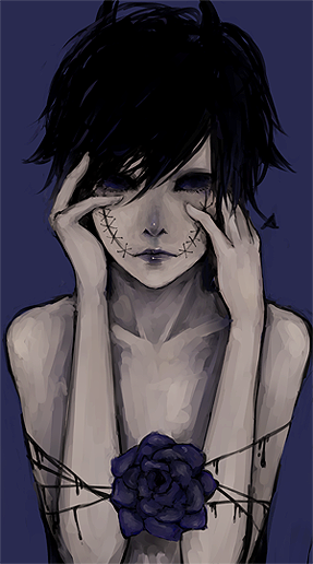 1boy, arrow, black_hair, blue, blue_eyes, blue_lips, blue_rose, blush
