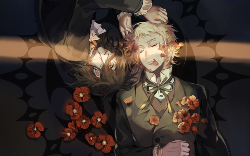 2boys, arm_at_side, bangs, black_ribbon, blonde_hair, camellia_(flower), closed_eyes, collared_shirt