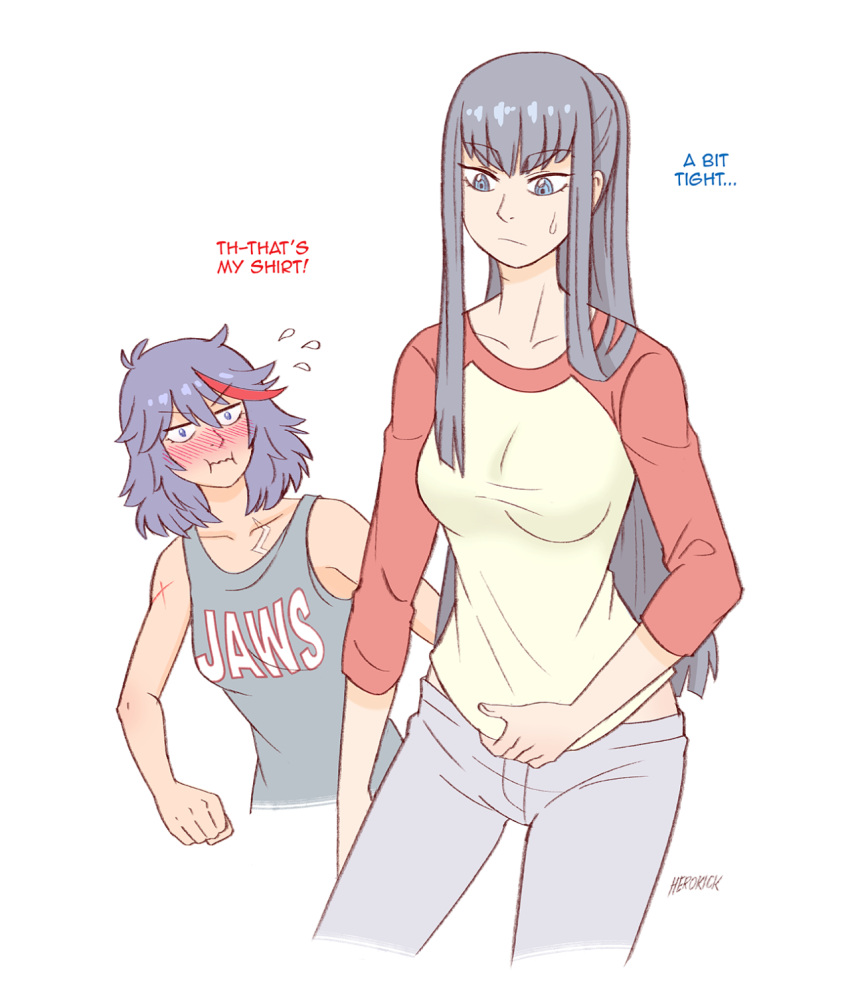 2girls, black_hair, blue_eyes, blush, breast_envy, breasts, clothes_writing, denim