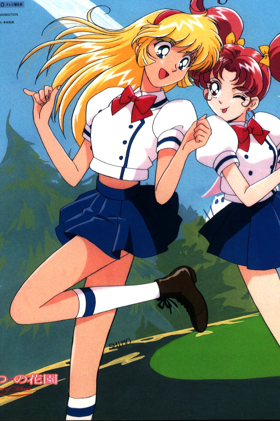 2girls, 90s, :d, :p, aki_natsuko, aki_natsuko_(cutie_honey_flash), blonde_hair, cutie_honey
