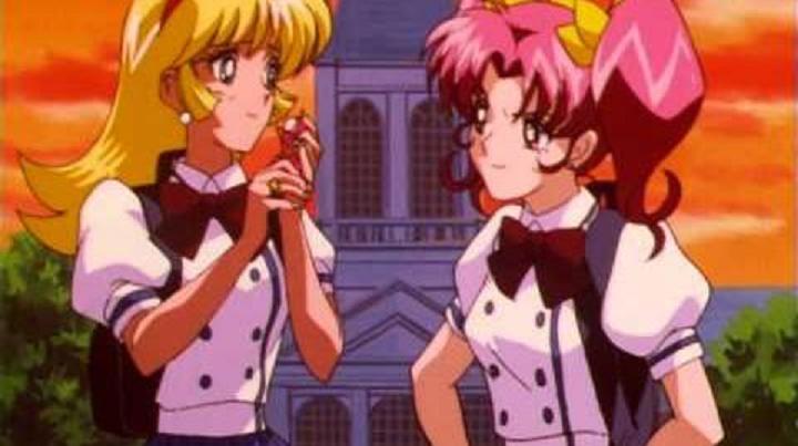 2girls, 90s, aki_natsuko, aki_natsuko_(cutie_honey_flash), blonde_hair, cutie_honey, cutie_honey_flash, earrings