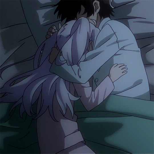 1boy, 1girl, animated, animated_gif, bed, black_hair, hug, isla_(plastic_memories)