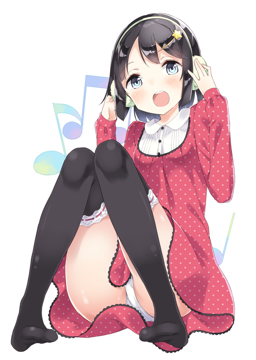 1girl, black_hair, black_legwear, blue_eyes, blush, commentary_request, dress, earmuffs