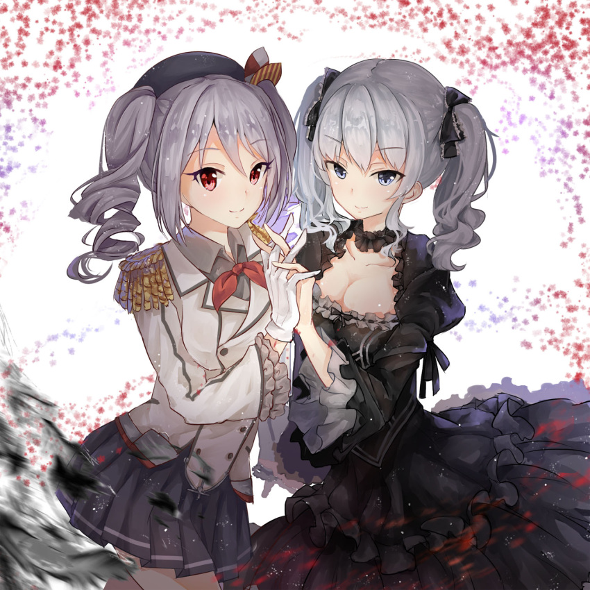 2girls, blue_eyes, breasts, cosplay, costume_switch, dango_(dangowalolicon), drill_hair, epaulettes