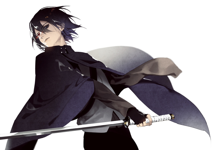 1boy, amputee, black_hair, capelet, fingerless_gloves, gloves, heterochromia, highres