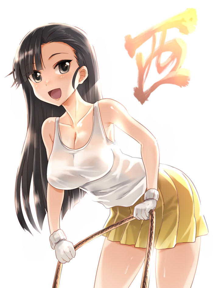1girl, asymmetrical_bangs, bangs, blush, breasts, brown_eyes, brown_hair, girls_und_panzer