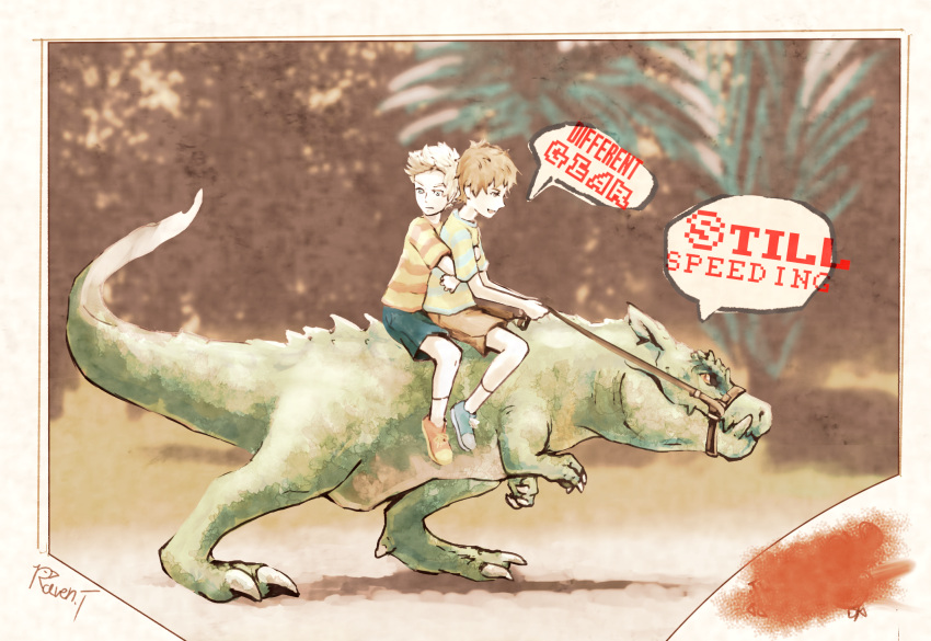 2boys, album_cover, artist_name, beady_eye, blonde_hair, blue_eyes, bridle, brown_eyes