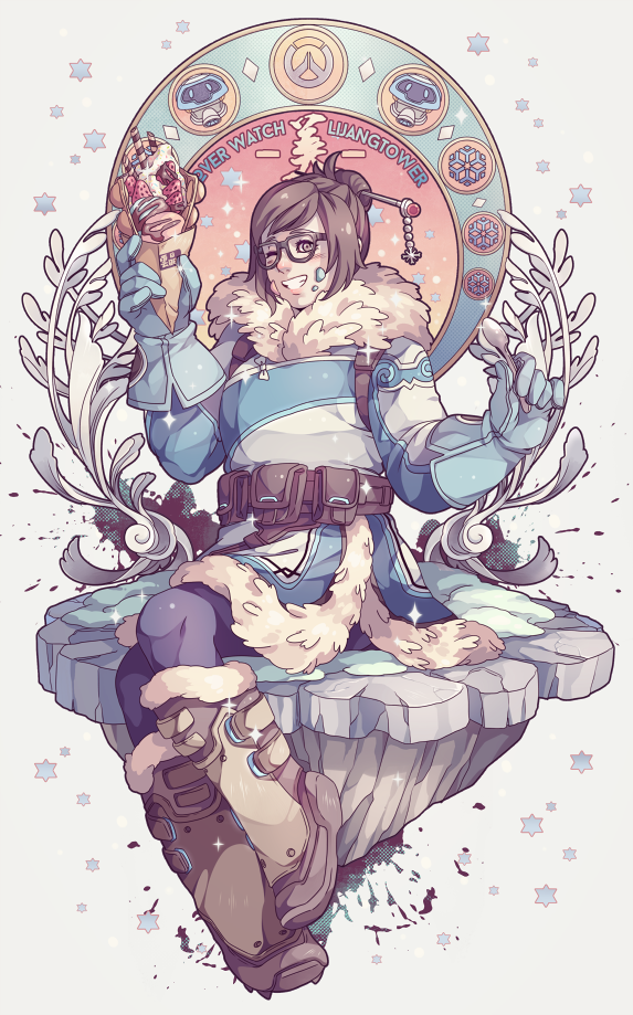 1girl, ;d, beads, belt, belt_pouch, black-framed_eyewear, black-framed_glasses, blue_gloves