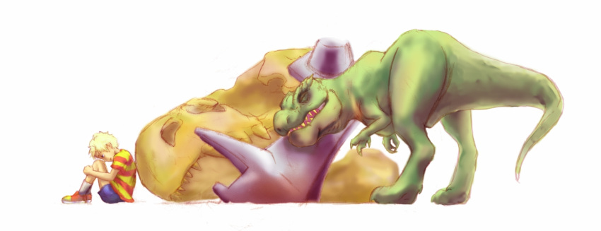 1boy, blonde_hair, blue_eyes, creature, drago, leg_hug, lucas, mecha-drago