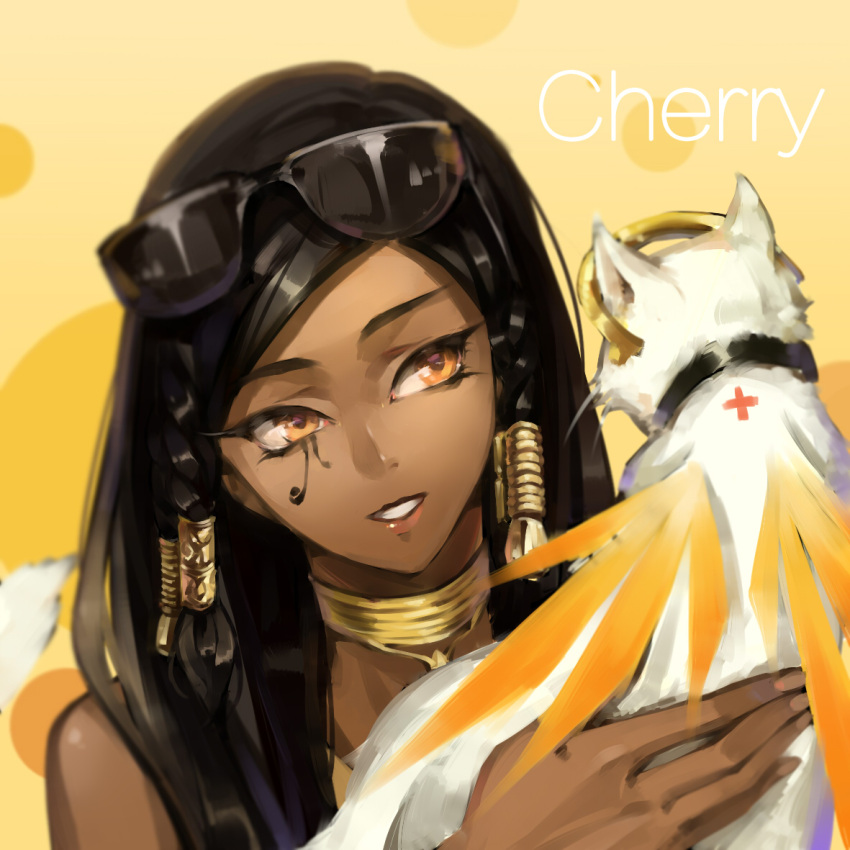 1girl, animal, animal_ears, animalization, artist_name, bare_shoulders, black_hair, braid, brown_eyes, brown_lipstick, cat, cat_ears, cherry_(10013717), choker, collar, dark_skin, eye_of_horus, eyelashes, facial_mark, facial_tattoo, glasses, hair_tubes, headgear, holding_animal, holding_cat, lips, lipstick, long_hair, makeup, mechanical_halo, mercy_(overwatch), nail, orange_eyes, overwatch, pharah_(overwatch), side_braids, solo, sunglasses, sunglasses_on_head, tattoo, teeth, upper_body, wings