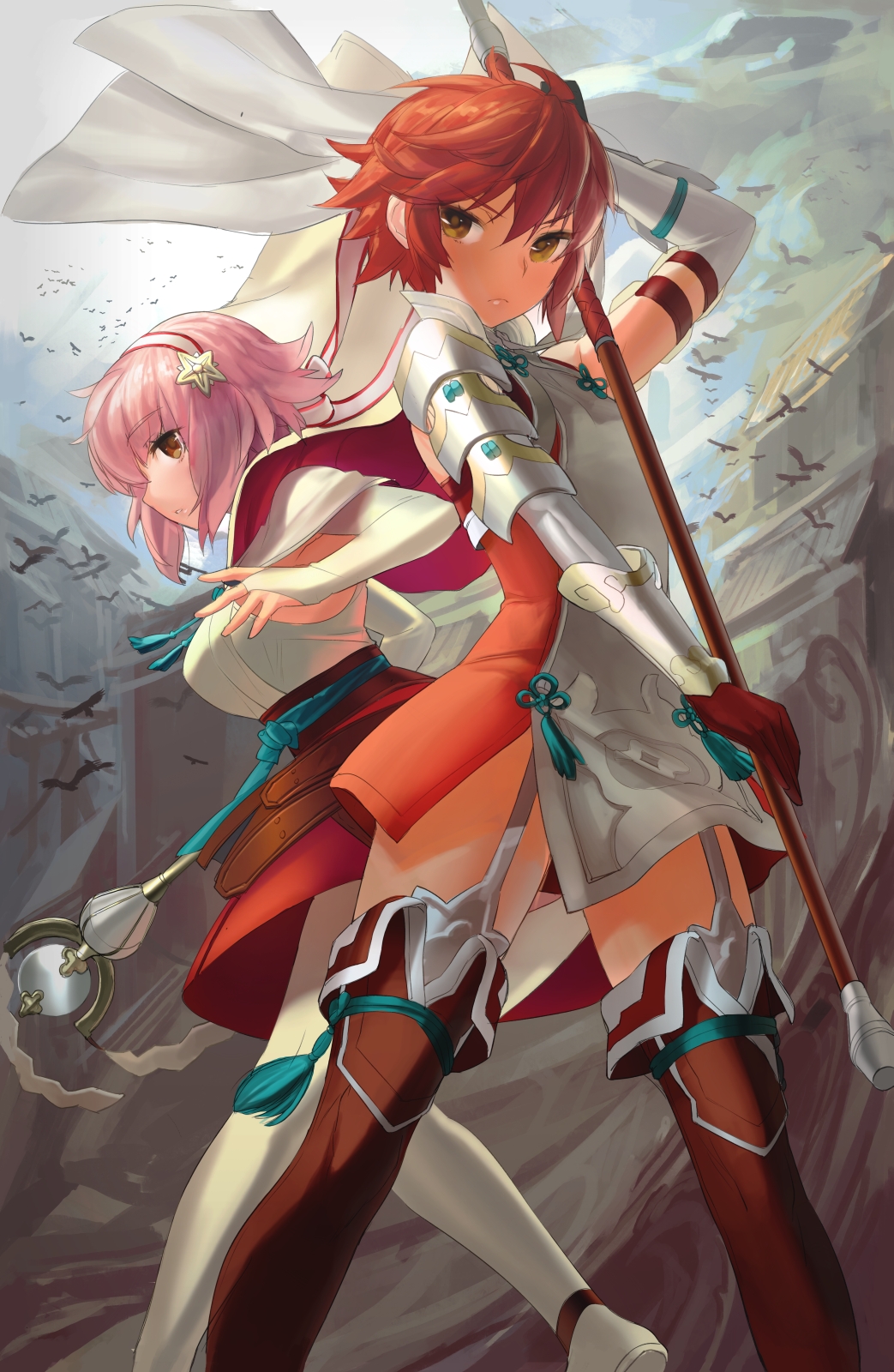 2girls, boots, brown_eyes, dress, eyebrows, eyebrows_visible_through_hair, fire_emblem, fire_emblem_if, hairband, highres, hinoka_(fire_emblem_if), ishutani, multiple_girls, naginata, nintendo, pink_hair, polearm, redhead, ribbon, sakura_(fire_emblem_if), short_dress, short_hair, siblings, sisters, spear, staff, thigh-highs, thigh_boots, weapon, yellow_eyes, zettai_ryouiki