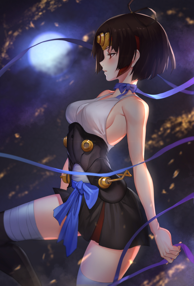 1girl, armor, backlighting, bandaged_leg, bangs, bare_shoulders, black_boots, black_hair