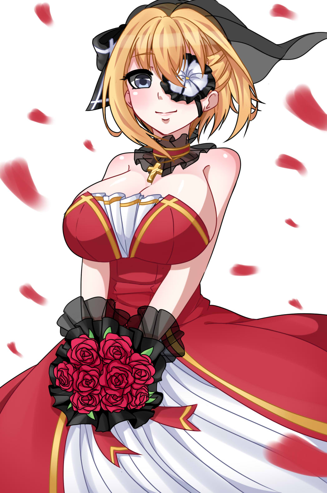 1girl, bangs, bare_shoulders, blonde_hair, blue_eyes, bouquet, bow, breasts