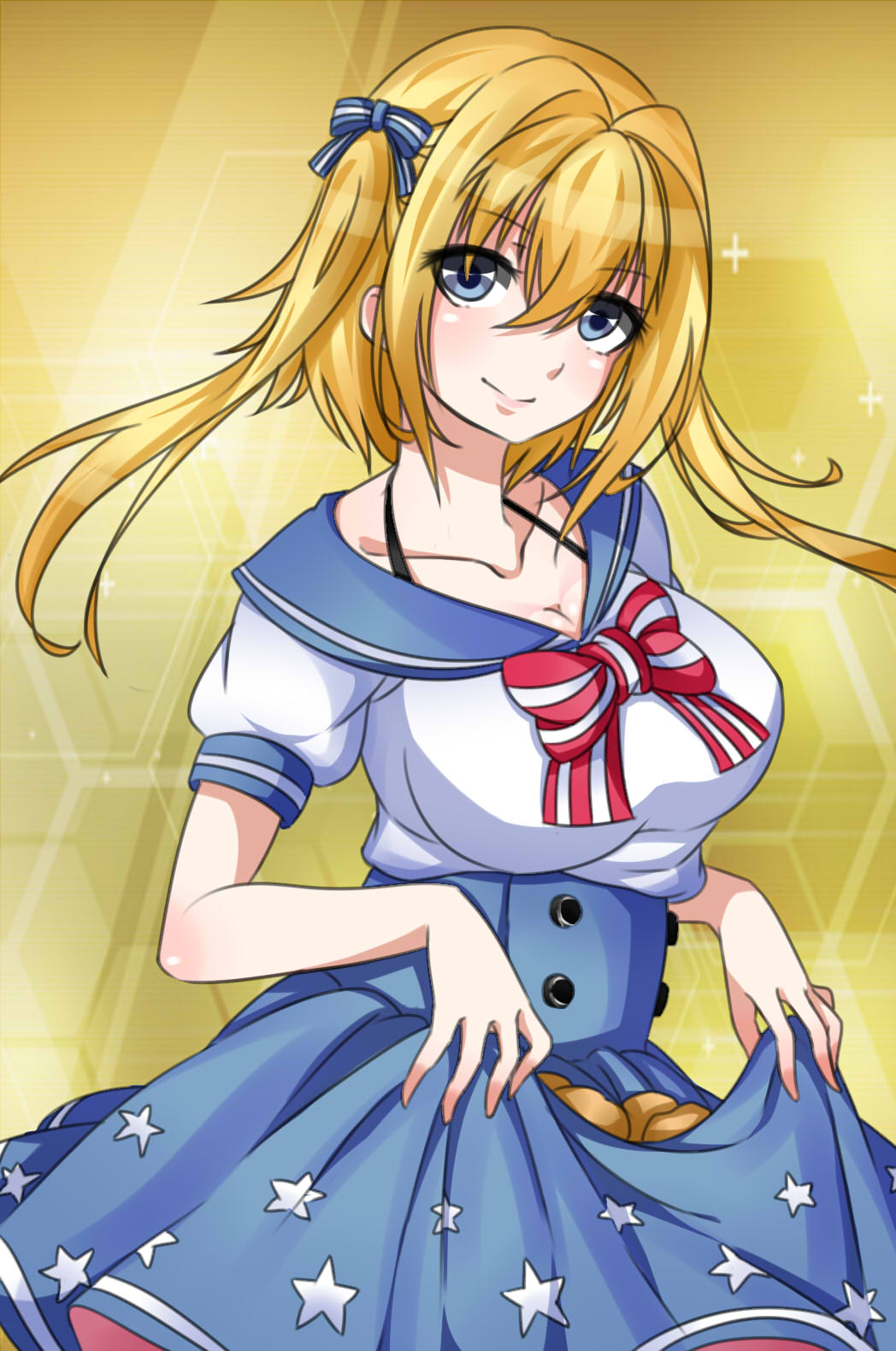 1girl, blonde_hair, blue_eyes, blue_skirt, bow, breasts, hair_bow, highres