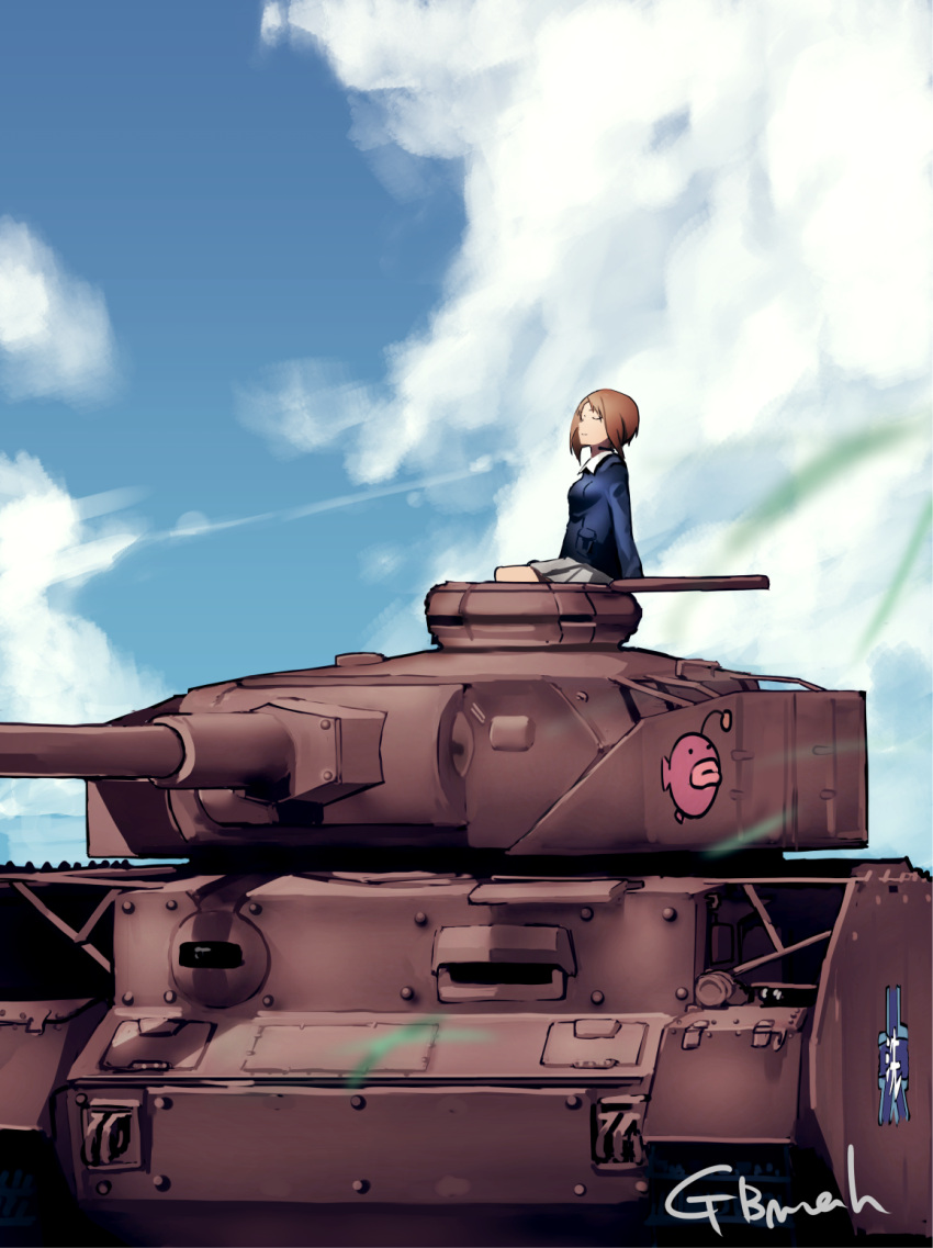 brown_hair, clouds, fish, gbmah, girls_und_panzer, nishizumi_miho, panzerkampfwagen_iv, short_hair, sky, tank