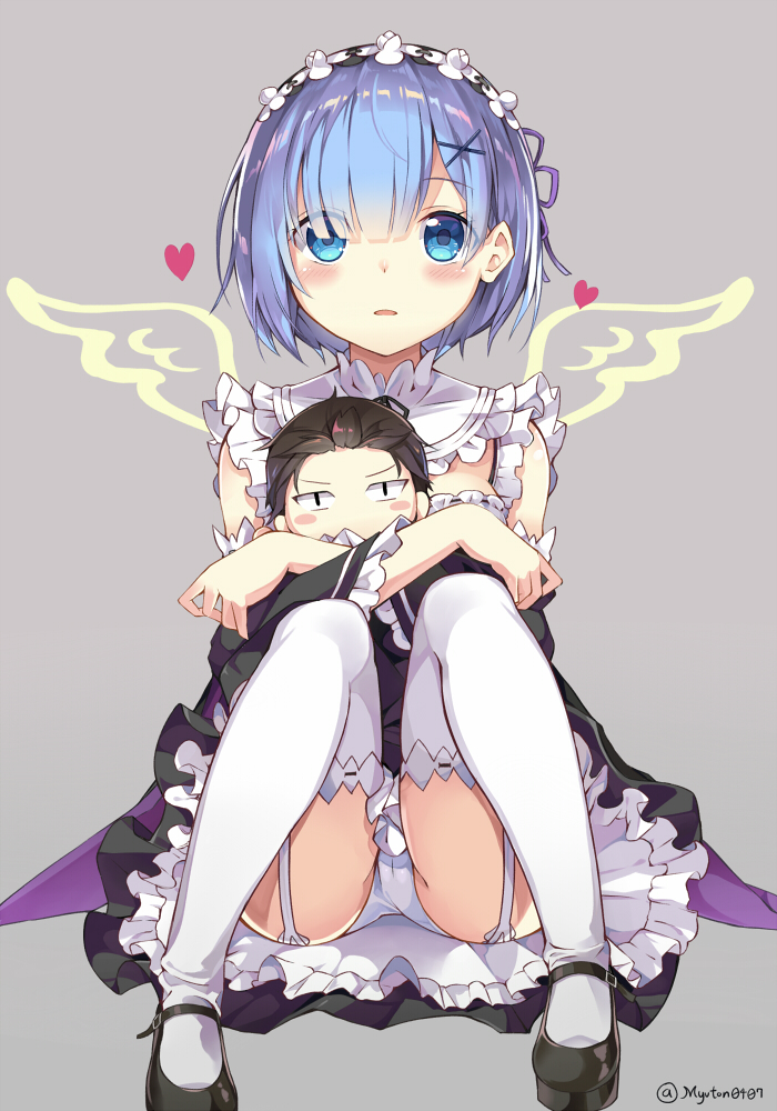 1girl, blue_eyes, blue_hair, character_doll, detached_sleeves, eyes_visible_through_hair, garter_straps, hair_over_one_eye
