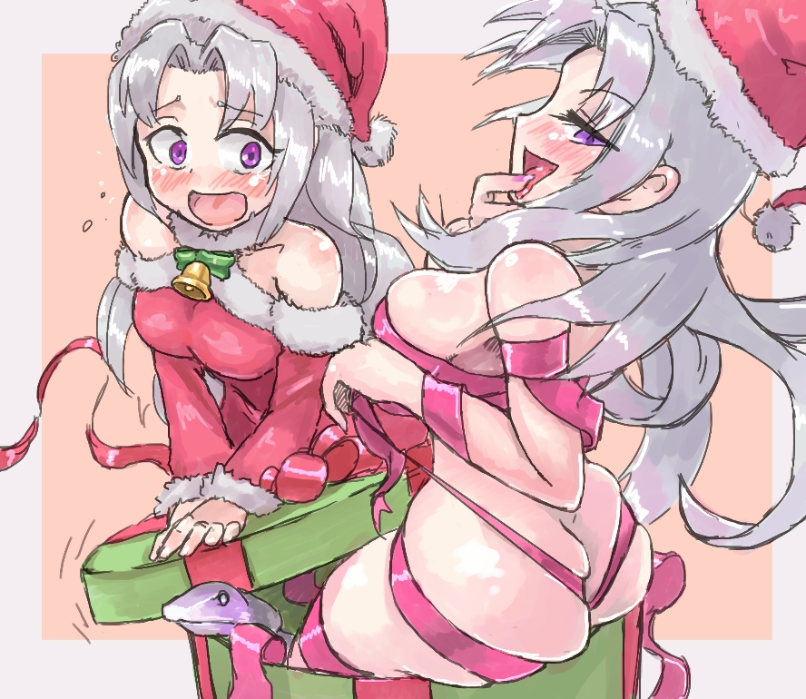 2girls, :d, ass, azure_striker_gunvolt, bare_shoulders, bell, bell_collar, between_buttocks