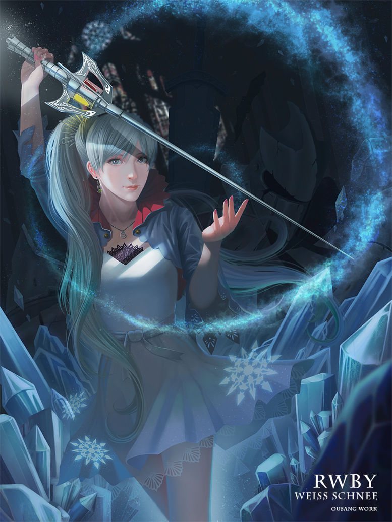 1girl, armor, blue_eyes, dress, earrings, icicle, jacket, jewelry