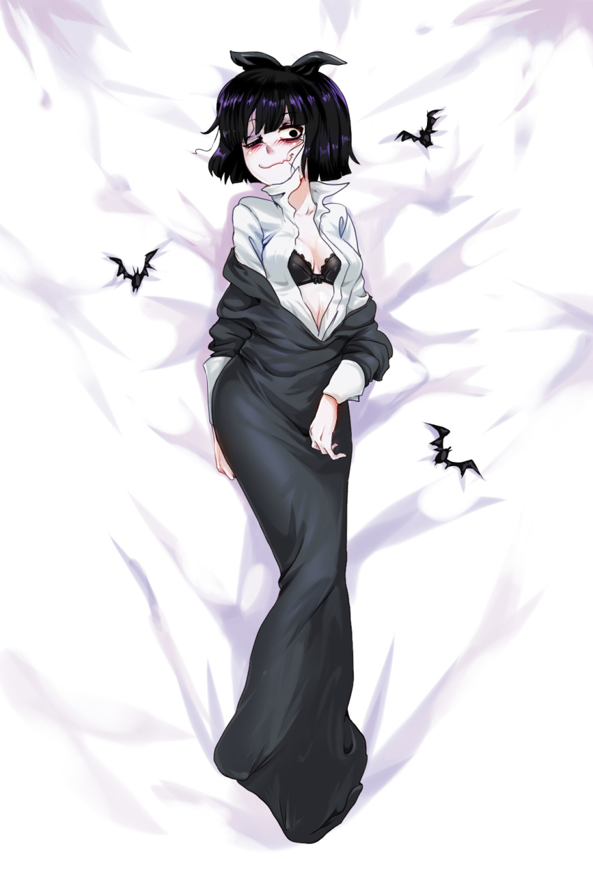1girl, bat, black_dress, black_eyes, blush, bra, breasts, creepy_susie