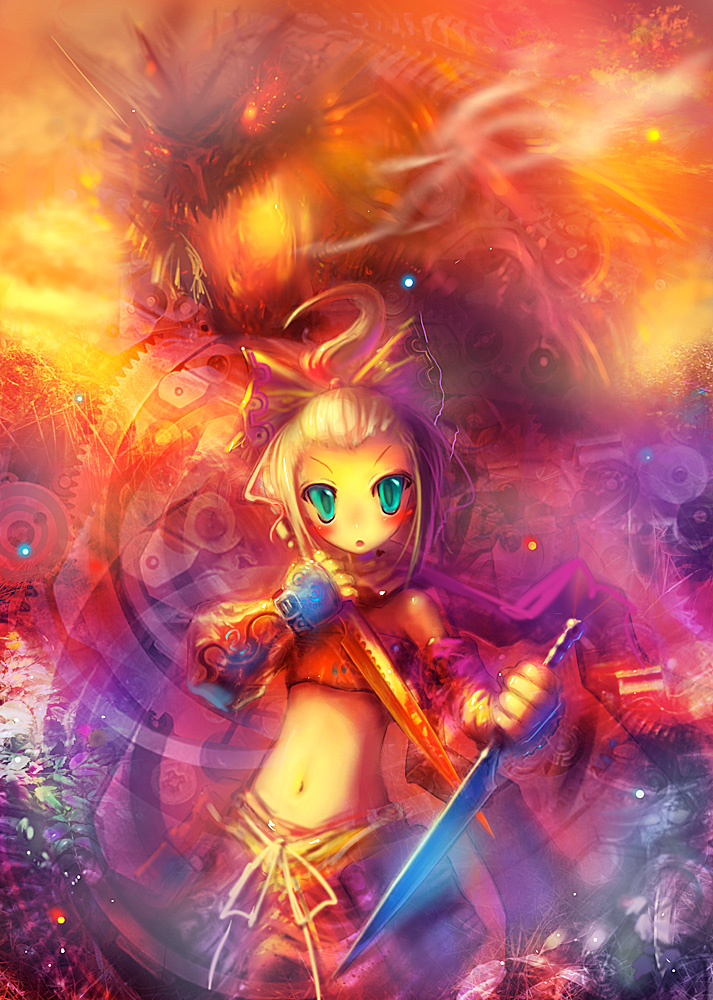 aqua_eyes, blade, blonde_hair, bow, colorful, dagger, dragon, fingerless_gloves