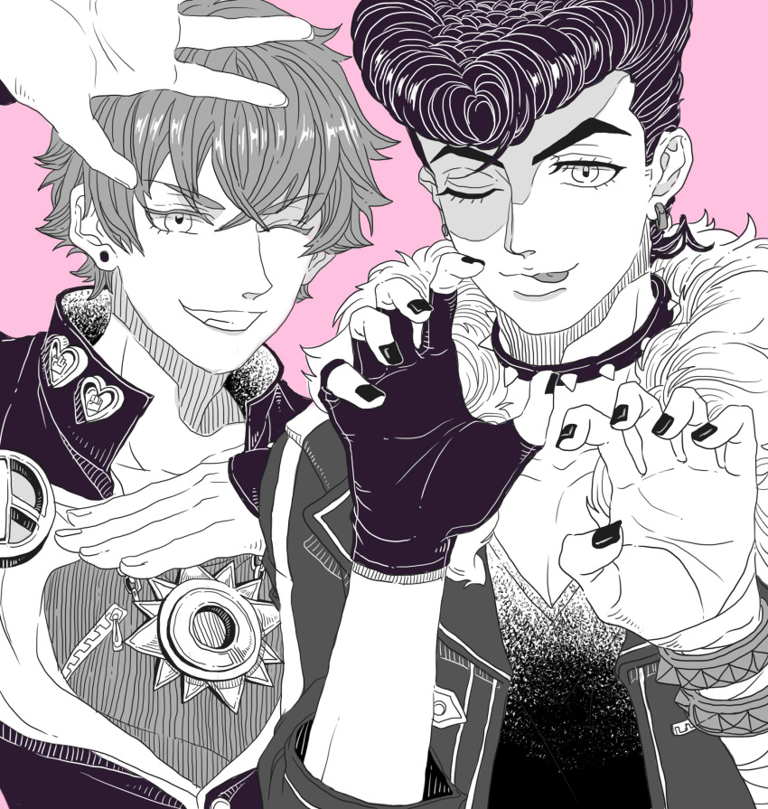 2boys, claw_pose, collar, cosplay, costume_switch, crossover, earrings, ensemble_stars!