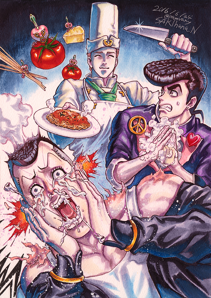 3boys, apron, artist_name, black_eyes, black_hair, brown_hair, cheese, chef