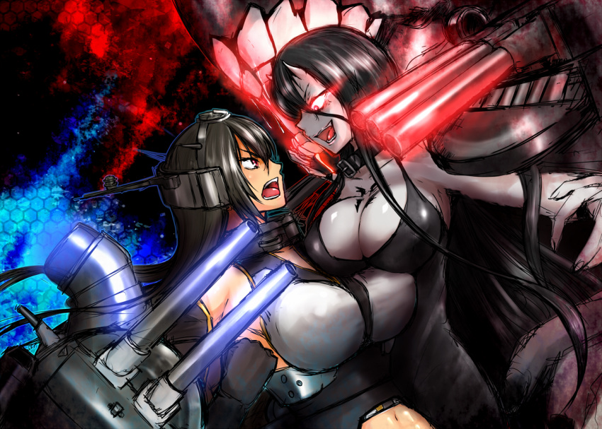 2girls, :d, asymmetrical_docking, bare_shoulders, battleship_hime, black_hair, breast_press, breasts
