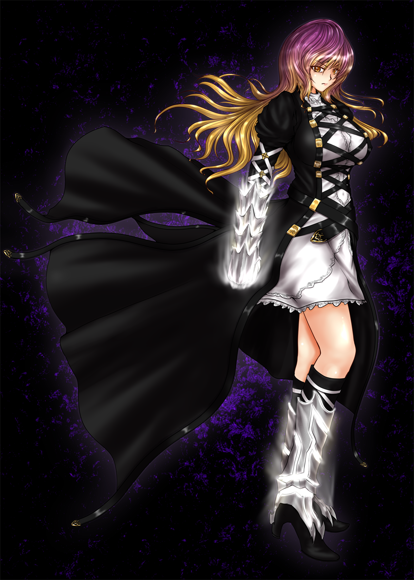 >:(, 1girl, beowulf_(devil_may_cry), black_boots, black_coat, blonde_hair, boots, breasts