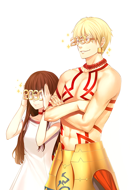 1boy, 1girl, 2030, :>, blonde_hair, brown_eyes, brown_hair, choker, closed_mouth, collarbone, crossed_arms, dress, earrings, fate/extra, fate/extra_ccc, fate_(series), gilgamesh, glasses, jewelry, kishinami_hakuno_(female), necklace, number, porigon, short_sleeves, simple_background, smile, smirk, sparkle, topless, white_background, white_dress