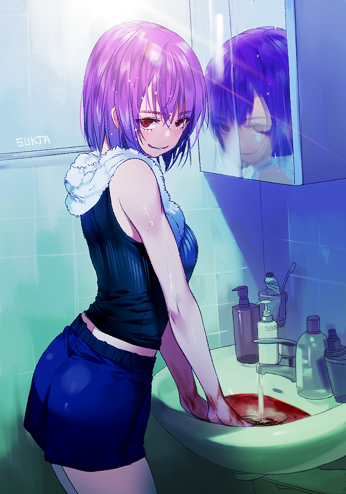 1girl, bathroom, blood, cowboy_shot, evil_smile, from_side, looking_at_viewer, mirror