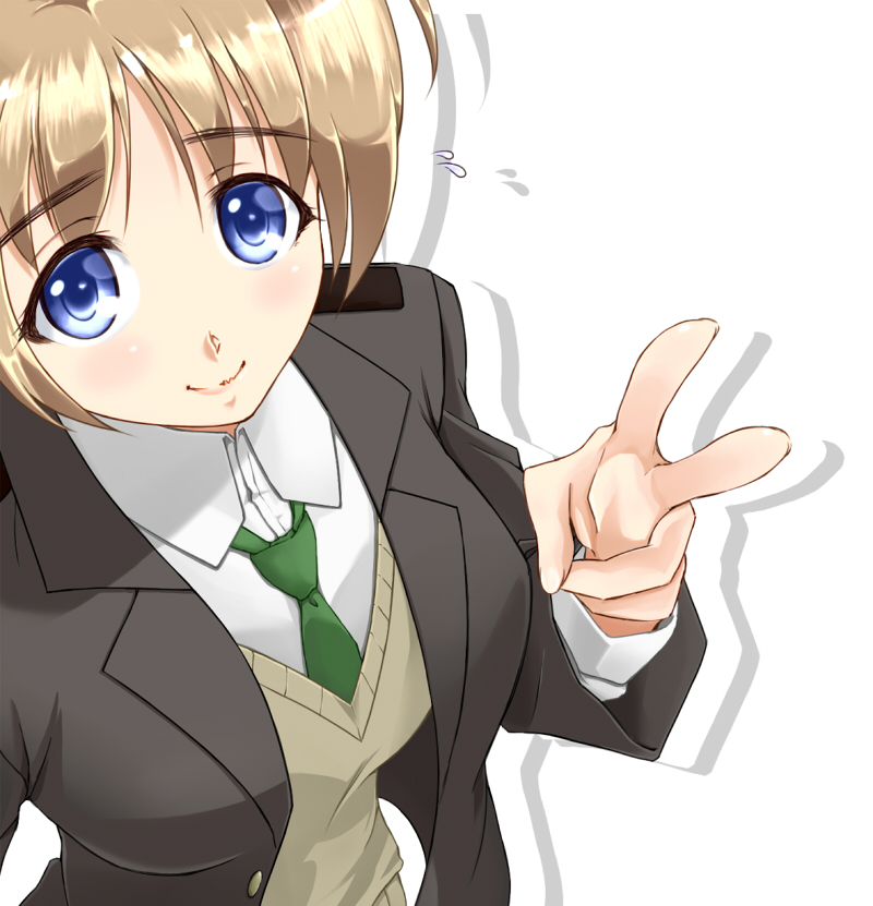 1girl, blue_eyes, blush, brown_hair, flying_sweatdrops, looking_at_viewer, lynette_bishop, military