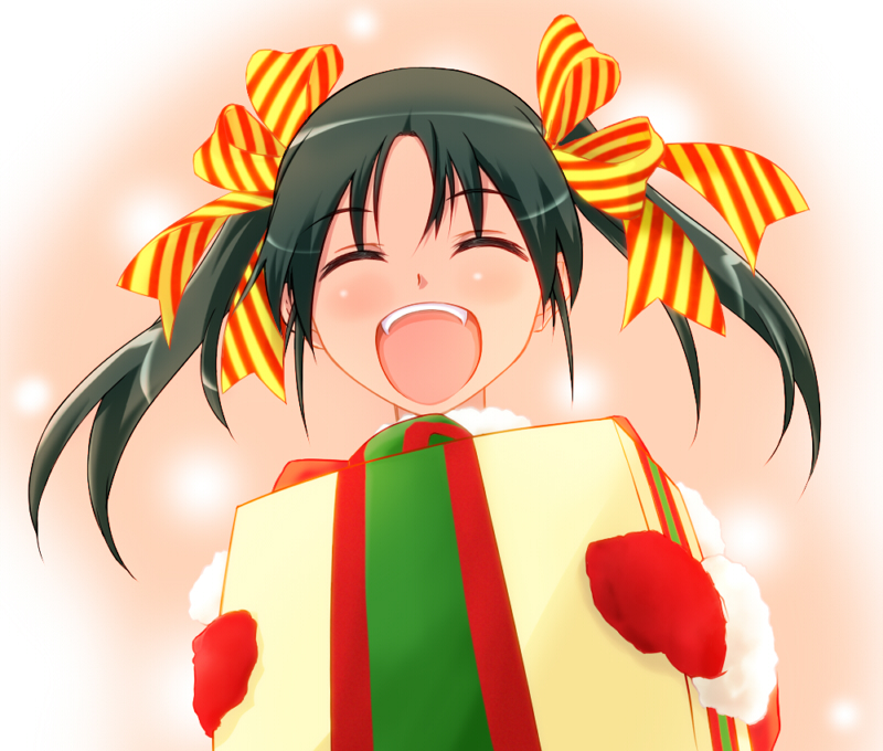 1girl, black_hair, closed_eyes, francesca_lucchini, gift, hair_ribbon, mittens, open_mouth