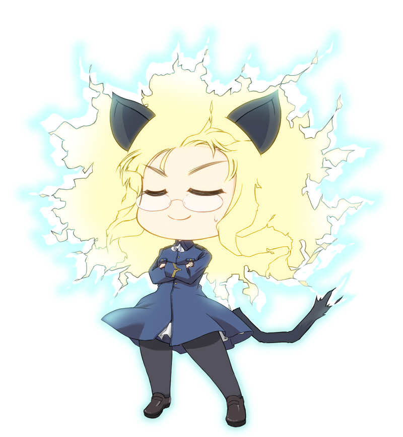 1girl, animal_ears, blonde_hair, cat_ears, cat_tail, chibi, closed_eyes, crossed_arms