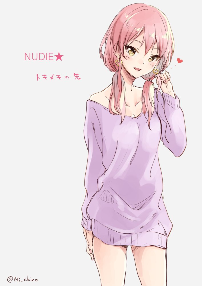 1girl, :d, alternate_hairstyle, earrings, heart, heart_earrings, idolmaster, idolmaster_cinderella_girls, jewelry, jougasaki_masaki, jougasaki_mika, low_twintails, miyabi_akino, off_shoulder, open_mouth, pink_hair, simple_background, smile, solo, song_name, sweater, twintails, twitter_username, yellow_eyes