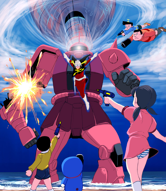 char_aznable, colony_drop, crossover, doraemon, doraemon_(character), gouda_takeshi, gundam, honekawa_suneo