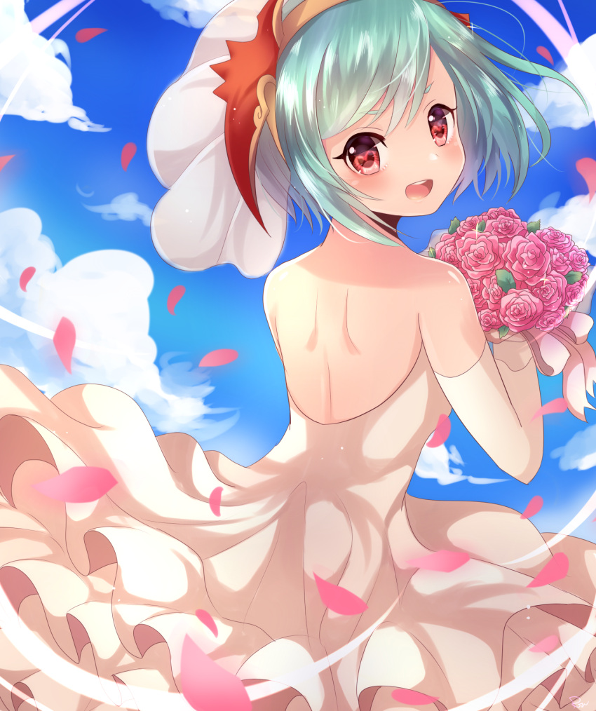 1girl, alternate_costume, back, bare_shoulders, blue_eyes, blush, bouquet, clouds