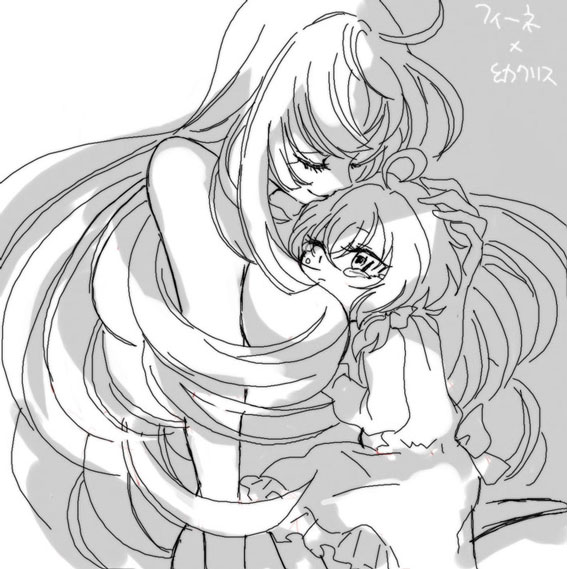 2girls, between_breasts, bow, breasts, closed_eyes, dress, eyebrows, eyebrows_visible_through_hair