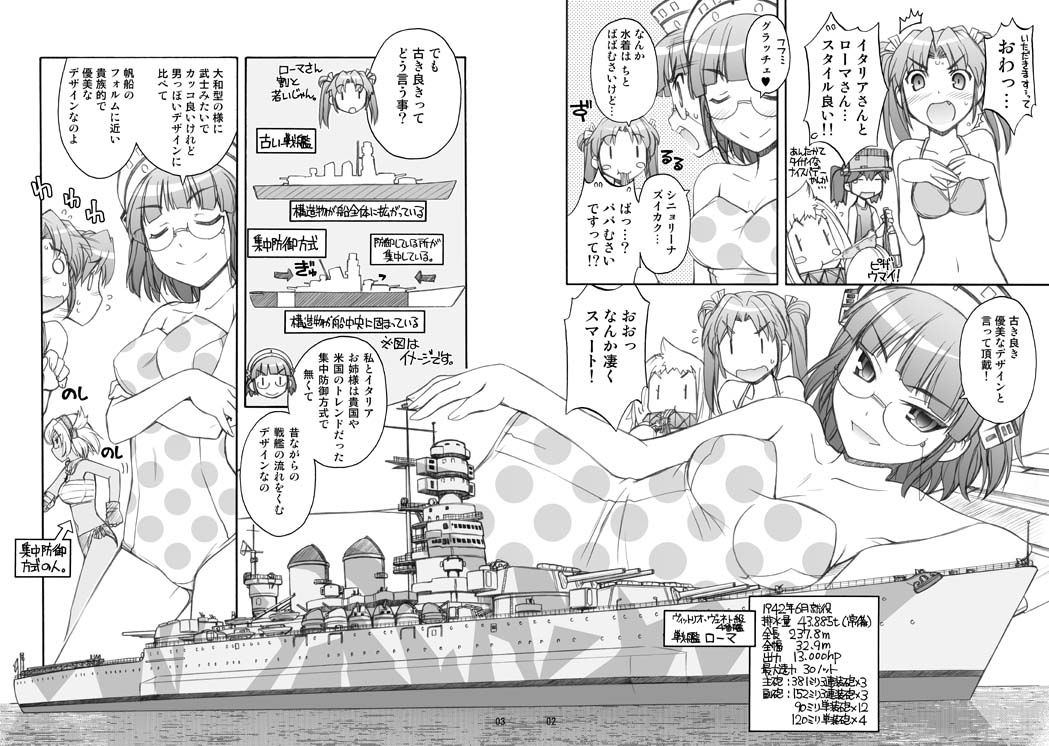 5girls, :>, battleship, bikini, bottle, breasts, collarbone, comic