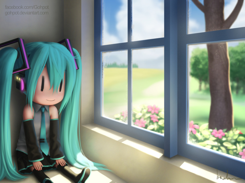 =), blue_sky, boots, character_doll, clouds, detached_sleeves, flower, gohpot, grass, hatsune_miku, headset, highres, necktie, no_humans, pleated_skirt, realistic, signature, skirt, sky, still_life, sunlight, thigh-highs, thigh_boots, tree, twintails, vocaloid, watermark, web_address, window