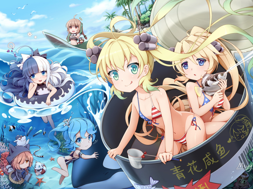 6+girls, :q, albacore_(zhan_jian_shao_nyu), american_flag_bikini, archerfish_(zhan_jian_shao_nyu), bikini, blonde_hair, blue_eyes
