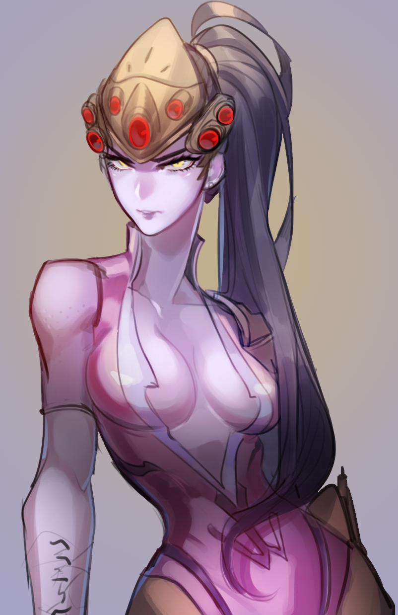 1girl, black_hair, body_writing, bodysuit, breasts, breasts_apart, center_opening, collarbone, cowboy_shot, earphones, earphones, eyelashes, h4yarobi, head_mounted_display, helmet, highres, large_breasts, lips, long_hair, looking_at_viewer, overwatch, parted_lips, pauldrons, ponytail, purple_hair, purple_lips, purple_skin, short_sleeves, solo, upper_body, vambraces, visor, widowmaker_(overwatch), yellow_eyes