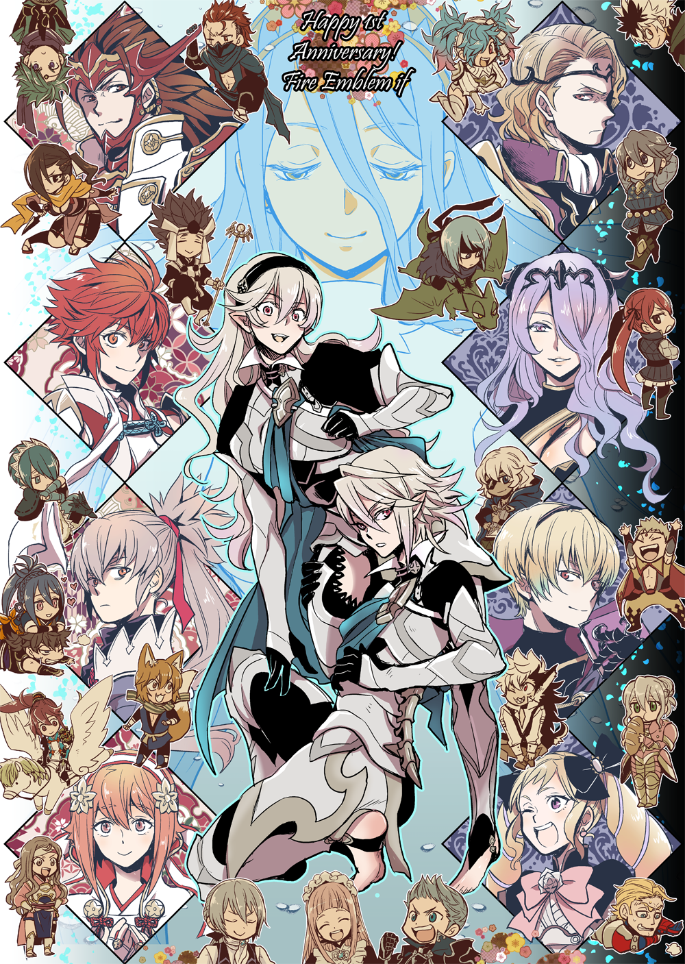 6+boys, 6+girls, anniversary, aqua_(fire_emblem_if), armor, asama_(fire_emblem_if), asura_(fire_emblem_if), bandanna