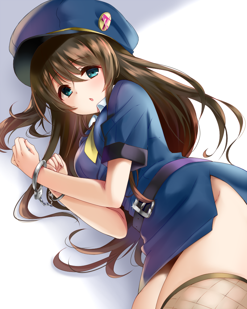 1girl, blush, breasts, brown_hair, chestnut_mouth, cuffs, fishnet_legwear, fishnets