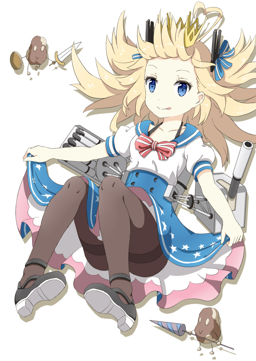1girl, :q, blonde_hair, blue_eyes, blue_skirt, bow, brown_hair, crown