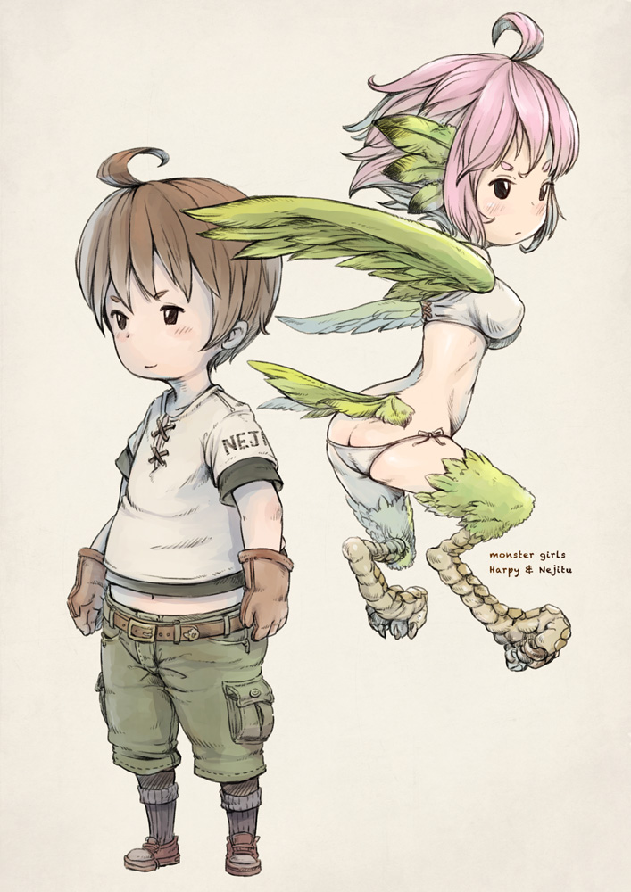 1boy, 1girl, ass, bikini, breasts, brown_hair, butt_crack, feathered_wings