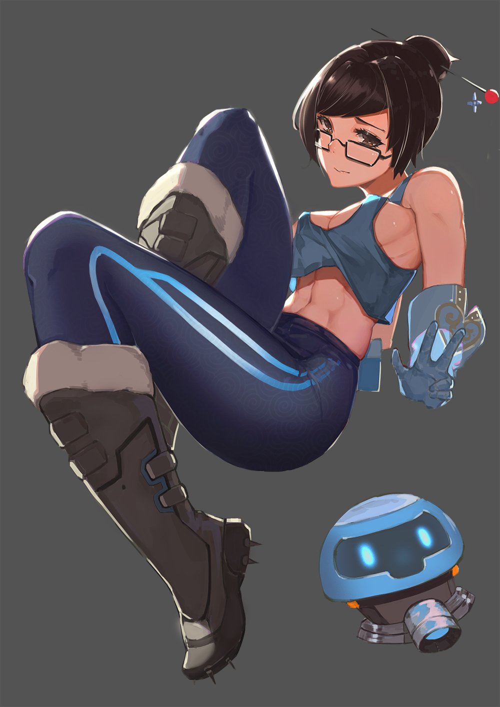 1girl, abs, bangs, bare_shoulders, beads, black-framed_eyewear, black-framed_glasses, blue_gloves, blue_legwear, blue_pants, boots, breasts, brown_eyes, brown_hair, cleavage, crop_top, drone, floating, fur-lined_boots, fur_boots, fur_trim, glasses, gloves, grey_background, hair_bun, hair_ornament, hair_stick, hairpin, highres, looking_at_viewer, medium_breasts, mei_(overwatch), midriff, mr.tendou, navel, no_bra, overwatch, pants, robot, shoes, short_hair, sideboob, sidelocks, simple_background, snowball_(overwatch), snowflake_hair_ornament, solo, spiked_shoes, spikes, swept_bangs, tank_top, w