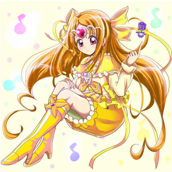 1girl, aitaso, boots, bow, brooch, brown_hair, bubble_skirt, circlet, cure_muse, cure_muse_(yellow), dodory, earrings, fairy_tone, frills, hair_bow, headband, heart, jewelry, knee_boots, long_hair, looking_at_viewer, magical_girl, musical_note, precure, red_eyes, shirabe_ako, skirt, solo, suite_precure, yellow_boots, yellow_bow, yellow_skirt